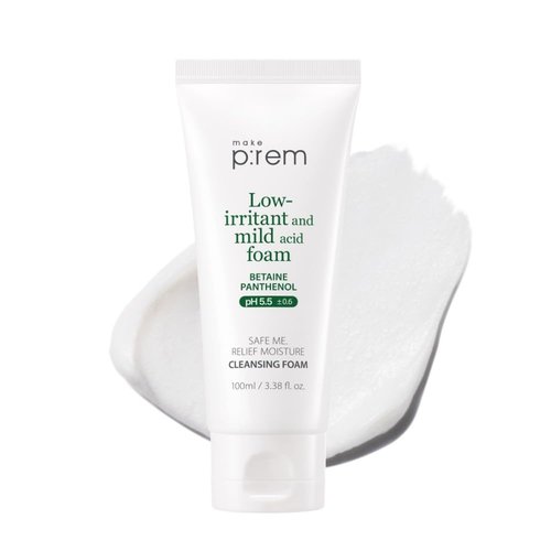 MAKE P:REM Safe Me. Relief Moisture Cleansing Foam, Delicate Eye-Friendly Face Wash for Sensitive Skin, pH Balanced Deep Pore Cleansing, Korean Skin Care, 3.38 Fl Oz, 100ml