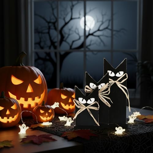 Halloween Rustic Wooden Black Cat Decorations Set - 3 Black Cats for Tabletop Shelf Mantel - Fall Party Decor