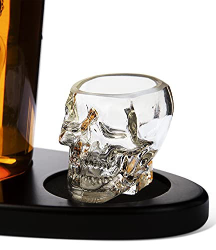 Skull Decanter Set with 2 Shot Glasses and Wooden Base - Gothic Skeleton Whiskey & Tequila Barware - Variation of Skull Set