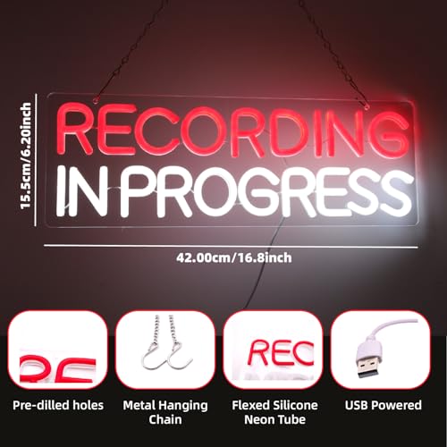 Neon Sign Recording in Progress USB LED Light - Red, Studio Decor