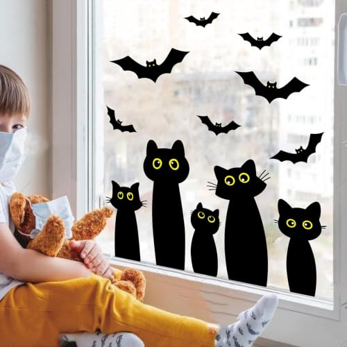 Halloween Black Cat Window Clings Set - Reusable Spooky Decor for Home & Office