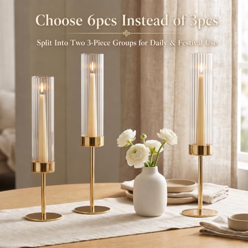 Gold Hurricane Taper Candle Holders Set of 6 - Brass & Ribbed Glass Centerpieces for Wedding & Home Decor