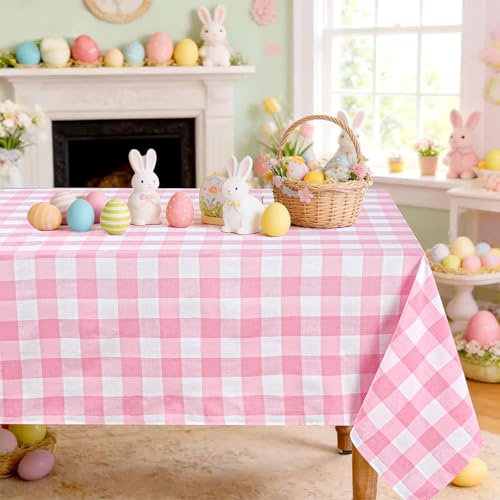 Pink Checkered Tablecloth 56x120 Inch Rectangular Polyester Farmhouse Decor - Pink & White