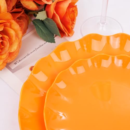 Reusable Orange Plastic Dinner & Dessert Plates Set for 12 Guests - Fall & Holiday Tableware with Lotus Edge