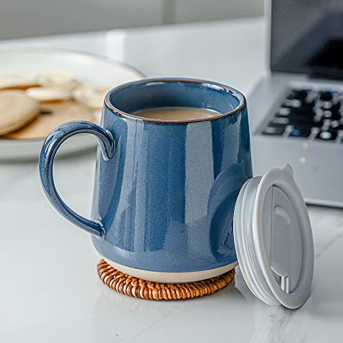 Farmhouse Ceramic Mug Set of 4 - 17oz Blue with Lid, Large Handle for Coffee & Tea
