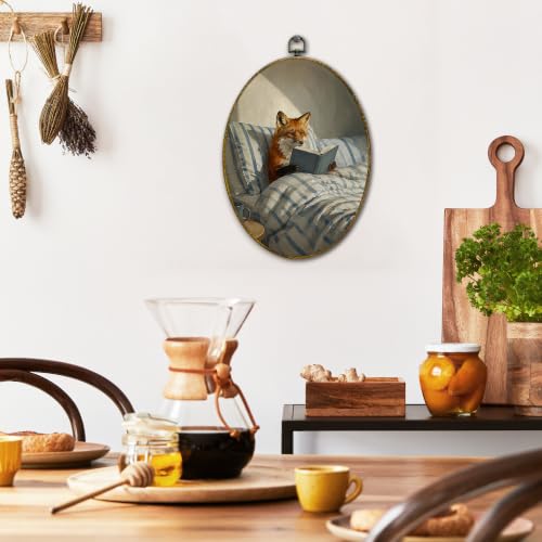 Reading Fox Canvas Wall Art - Oval Framed Decorative Print, 11x8.5 Inch