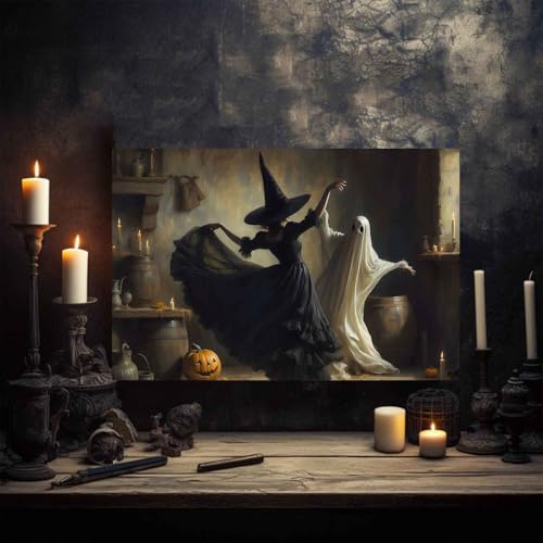 Ghost and Witch Dancing Wall Art - 8x12in Framed Halloween Decor