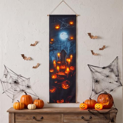 Halloween LED Canvas Backdrop - Graveyard Scene with Pumpkin & Pumpkin in Front of the Tombstone Variation