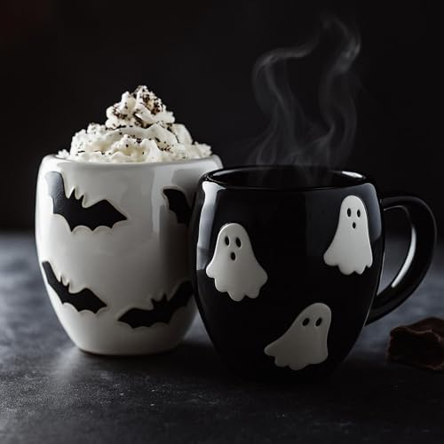 Halloween Coffee Mug Set - 14 oz Ceramic Ghost & Bat Cups, Spooky Holiday Drinkware