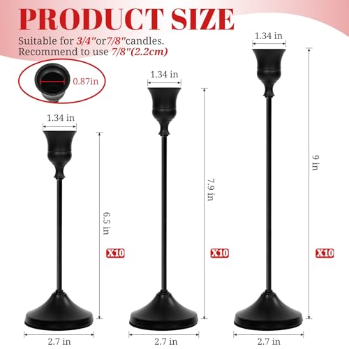 Matte Black Candlestick Holders 10 Sets (30 Pieces) - Metal Taper Candle Holders for Dining & Decor