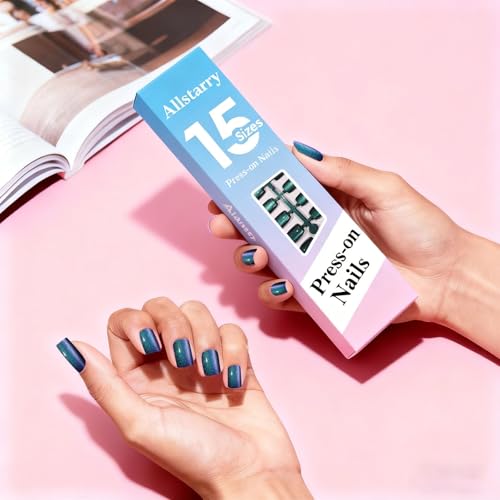 Allstarry Cat Eye Press-On Nails 120pcs Short Square Galaxy Blue - Chameleon Glossy