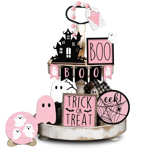 Pink Ghost Halloween Tiered Tray Decor Set - 15 Pcs Blush Pink Ghost & Boo Signs