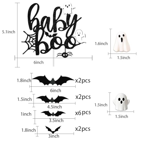 Halloween Baby Shower Cake Topper - Black Glitter Boo & Bat Decorations
