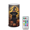 Flameless LED Pillar Candle with Remote & Color Change - Black Cat Witches Pumpkin