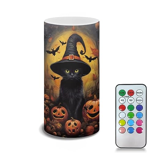Flameless LED Pillar Candle with Remote & Color Change - Black Cat Witches Pumpkin