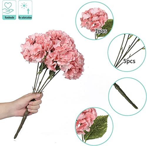 Artificial Hydrangea Bouquet - Light Coral Pink, 2 Arrangements with 5 Big Heads for Wedding & Home Decor