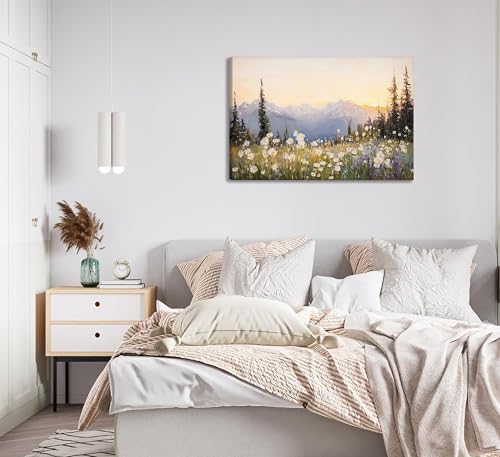 Landscape Canvas Wall Art - 24x16 Inches Sunset Mountain & Wildflowers