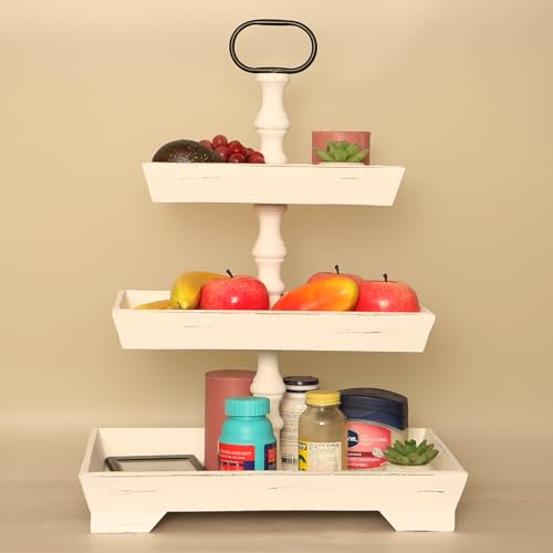 3-Tier Rectangle Serving Stand with Rustic Farmhouse Style and Metal Handle