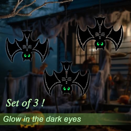 Outdoor Halloween Metal Bat Decorations Set with Glowing Eyes - 3 Pack