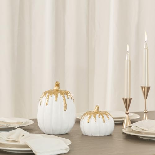 White and Gold Fall Pumpkin Decor Set of 2 - WDS WONDROUS, Autumn Thanksgiving