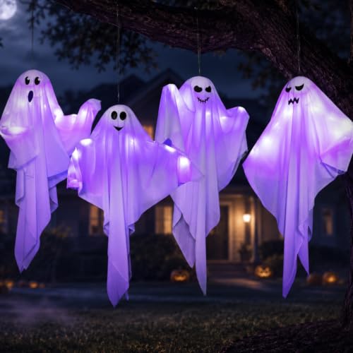 Light Up Halloween Ghost Decorations - Purple Ghosts 27.5 Inch Pack of 4 with LED Lights