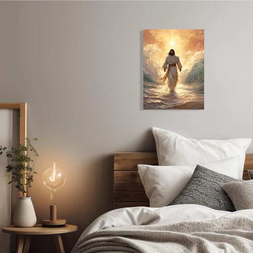 Jesus with Children Canvas Wall Art - Watercolor Religious Kids Room Decor - 12 x 8 Inches - White Frame