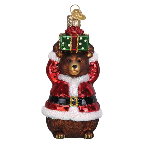 Christmas Bear Glass Blown Ornament - Handcrafted Holiday Wildlife Decoration