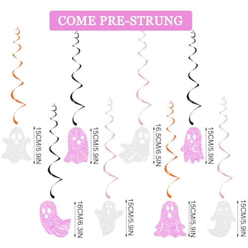 Halloween Ghost Hanging Swirl Decorations - White & Pink Glittery Party Decor Set of 24