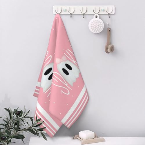 Halloween Ghost Kitchen Towels Set of 2 - Pink Stripes, 18x26 Inch Dish Cloths, Variation C