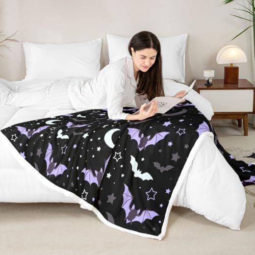 Queen Size Halloween Galaxy Blanket with Glitter Stars & Bats - Multi 13