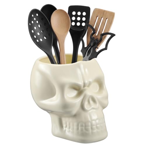 Ceramic Skull Utensil Holder for Kitchen - Gothic Kitchen Accessories, White Skull