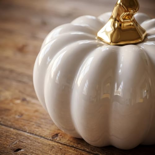 White Ceramic Pumpkin Decor - Halloween Table Ornament for Home & Holiday