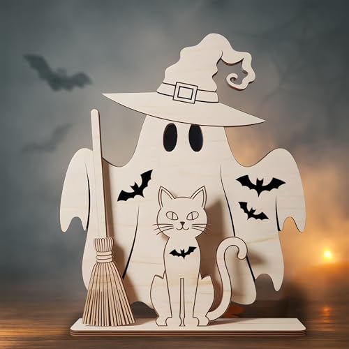 Wooden Ghost Cat Halloween Centerpiece Decor with Broom & Bats - Indoor Festive Table Decor - Ghost Witch & Cat Variation