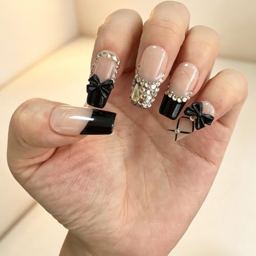 Black French Tip Medium Square Handmade Acrylic Press-On Nails - Edgy Nail Art Variation M
