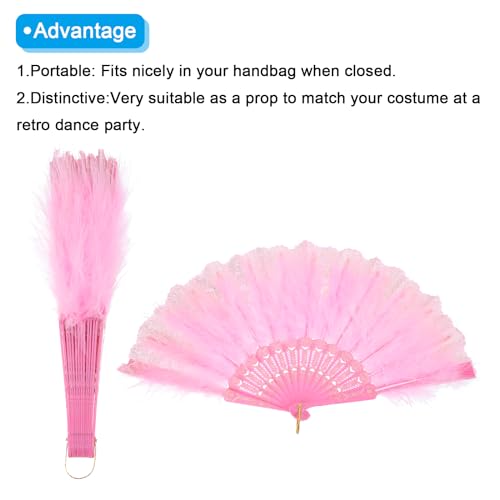 Pink Feather Hand Fan - Vintage Folding Fan for Retro Parties & Weddings