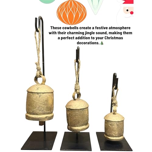 Rustic Handmade Christmas Cowbell Set with Metal Stand - Holiday Home Decor
