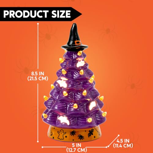 Purple Halloween Ceramic Tree with Bat Cutouts and LED Light - 8.5 Inch Witch Hat Decor