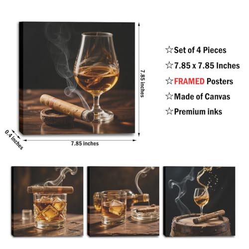 Whiskey & Cigar Wall Art Canvas Set - Framed Modern Bar Decor - Variation of Whiskey Cigar
