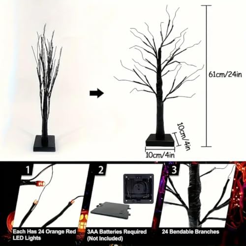 Black Halloween Tabletop Tree Set with Orange LED Lights - 24 Inch, Battery Operated, Indoor Decor