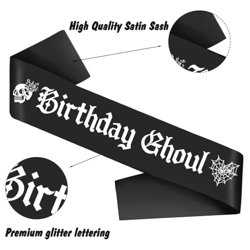 Black Birthday Ghoul Sash with White Glitter Letters - Halloween Party Decor