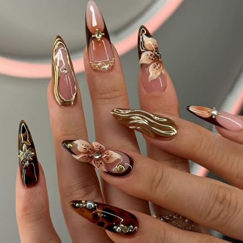 Press On Nails Long Fall Gift for Women - Flower & Swirl Design - Almond Shape