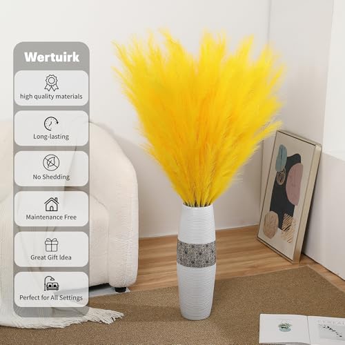 Yellow Pampas Grass Decor - Faux 8 Pieces, 45 Inch Tall, Lifelike Fluffy Stems