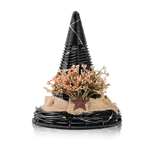 Rustic Halloween Witch Hat Decor with LED Lights - Indoor Table Centerpiece