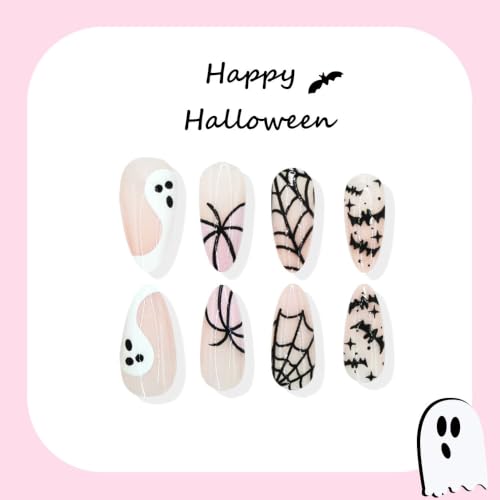 Halloween Press On Nails Long Stiletto Pink Fake Nails with Ghost and Spider Web Design - Variation Color43