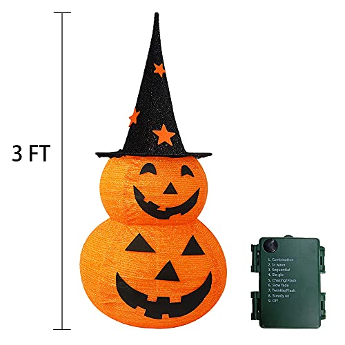 3FT Halloween Collapsible Pumpkin Decor with Lights, Star Hat, 8 Modes