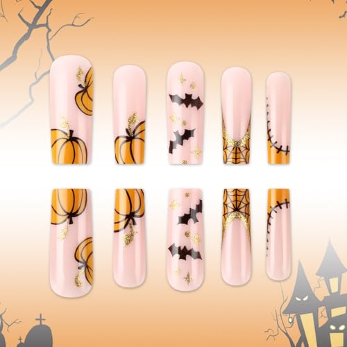 Halloween Long Square Press On Nails with Pumpkin, Bat & Web Designs - Variation Color42
