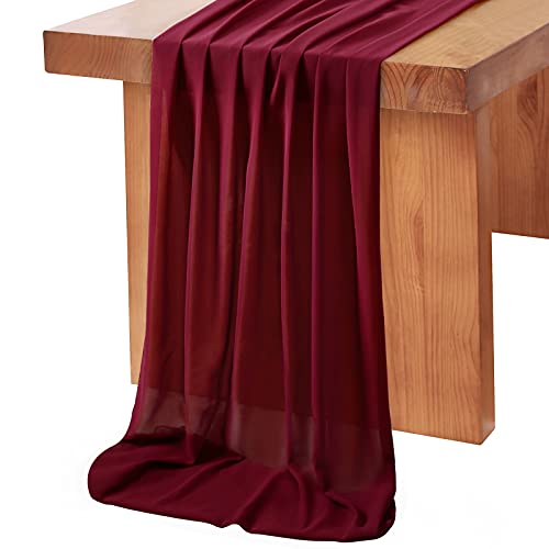 10Ft Burgundy Chiffon Table Runner 27x120 Inch for Wedding & Party Decor - QueenDream