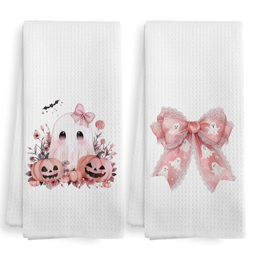 Pink Ghost Halloween Kitchen Towels & Dishcloths Set of 2 - Cute Fall Home Decor