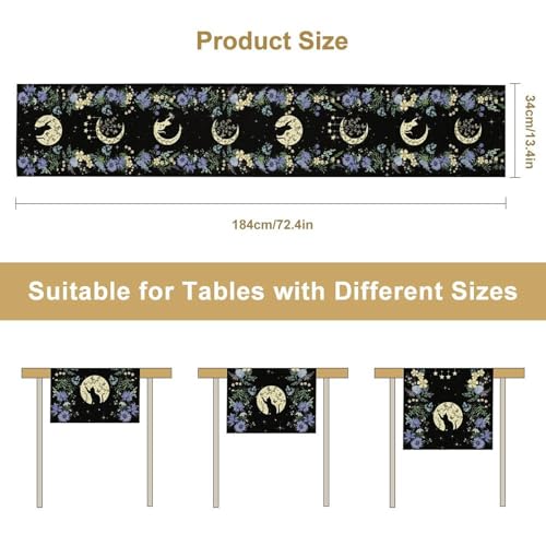 Black Cat Moon Phase Table Runner 13x72 Inch - Blue Moonphase Variation