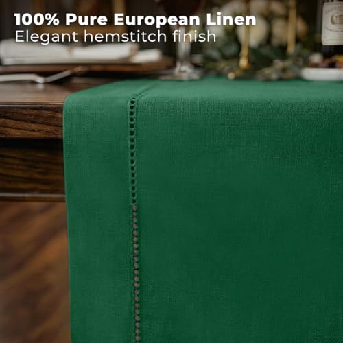 Forest Green Linen Table Runner 84 Inch - Hemstitch, Pure European Flax